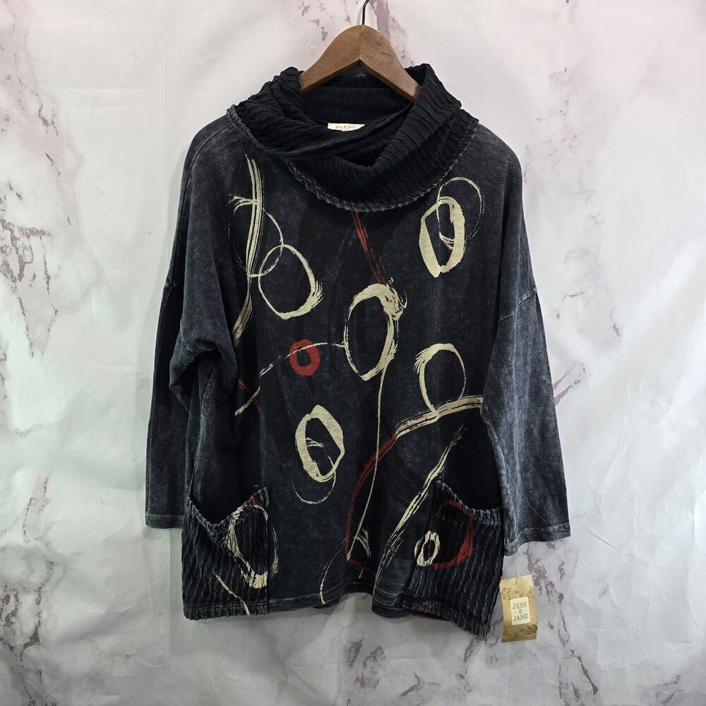 Jess & Jane Shirt Womens Medium Black Red Cowl V Artsy Art To Wear Aurora